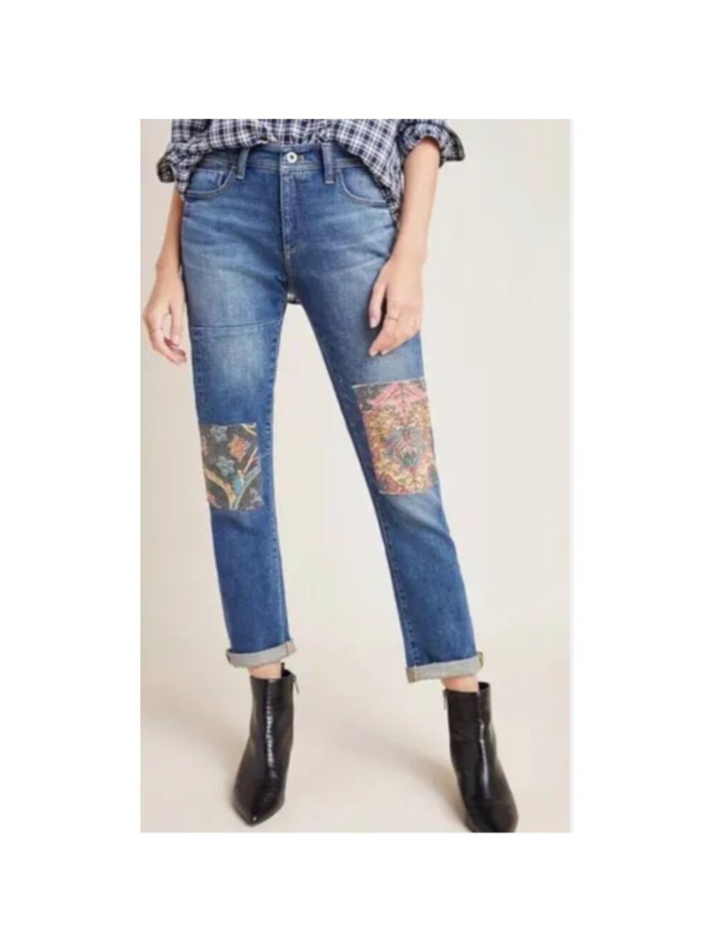 Pilcro Anthropologie Slim Boyfriend‎ Jeans Womens 27 Tapestry Patchwork Knee